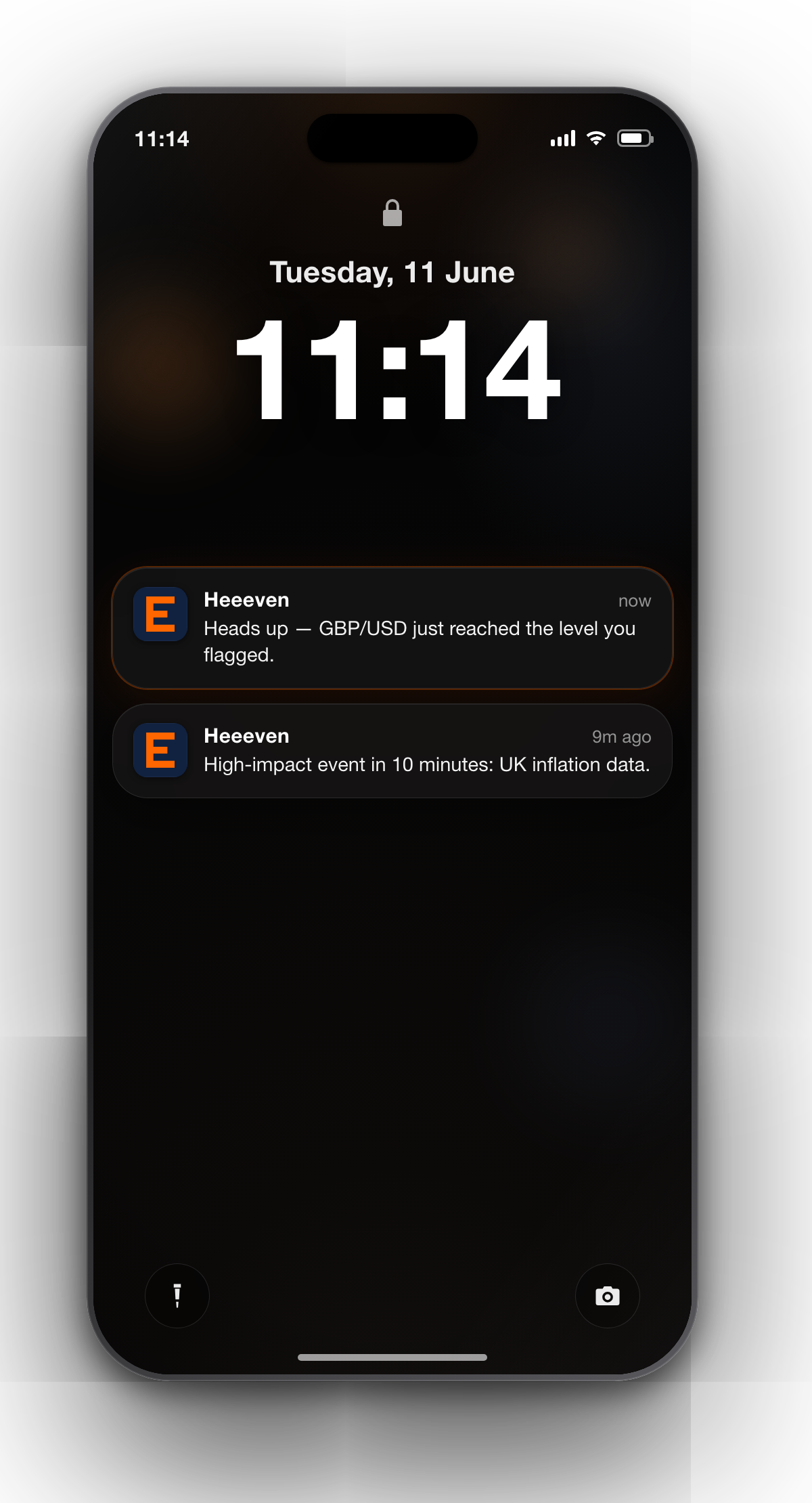 A phone showing two informational Heeeven alerts: a flagged GBP/USD level breaking, and a high-impact event in 10 minutes